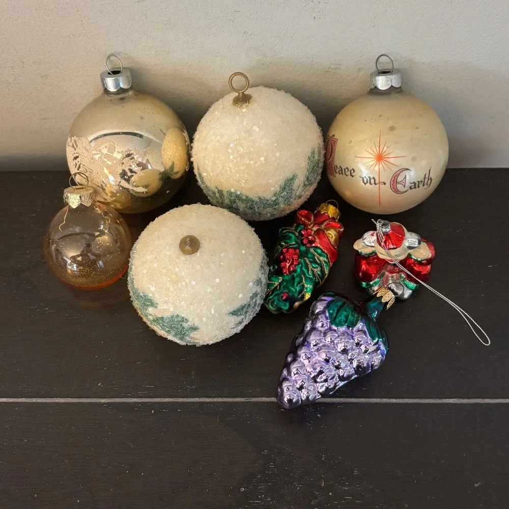 Vintage Glass Christmas Ornaments Lot 8pc Peace on Earth Frosted‎ Mercury Glass